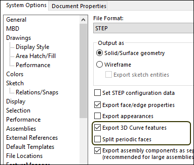 SOLIDWORKS Export Options interface.