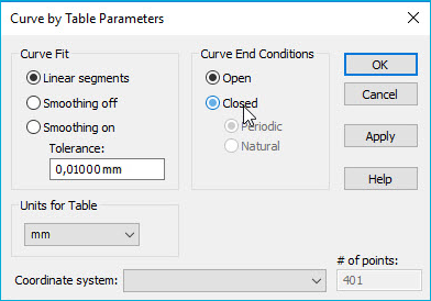 Solid Edge: Curve by Table Parameters dialog