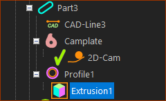 2D-Cam, Profile, Extrusion in Assembly-Tree