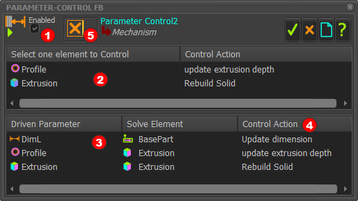 Parameter-Control dialog Three parameters are controlled by the motion-values at the input-connector