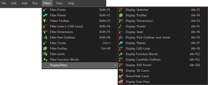Display Filters & Selection Filters menus